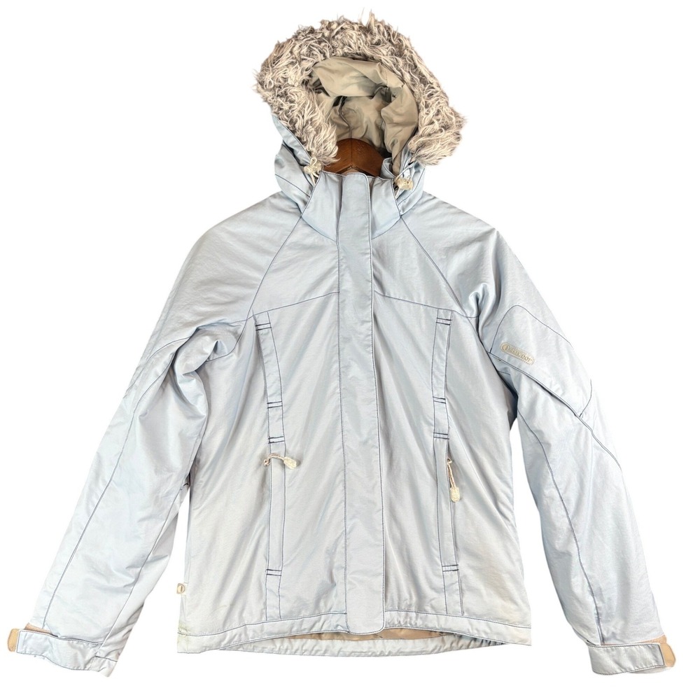 Black Dot Womens Ski Jacket Blue Faux Fur Hood Winter Coat Size S Y2K Casual